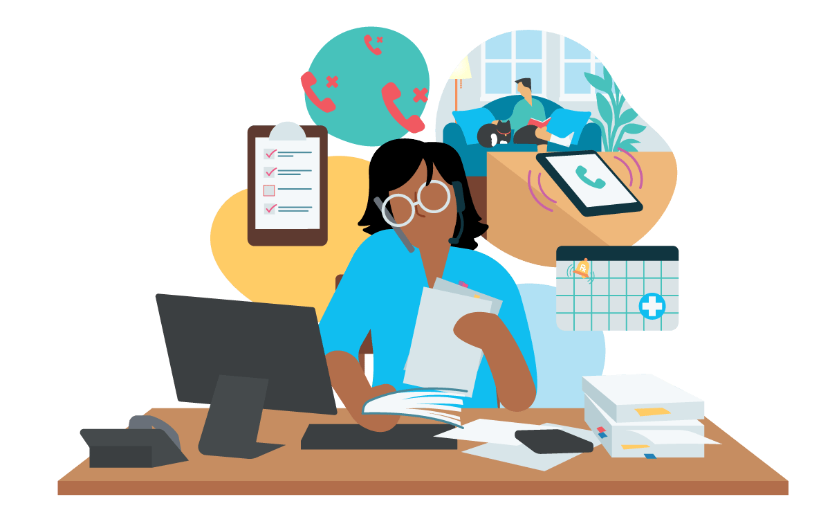 Illustration of a woman on the phone and sitting at a messy desk.