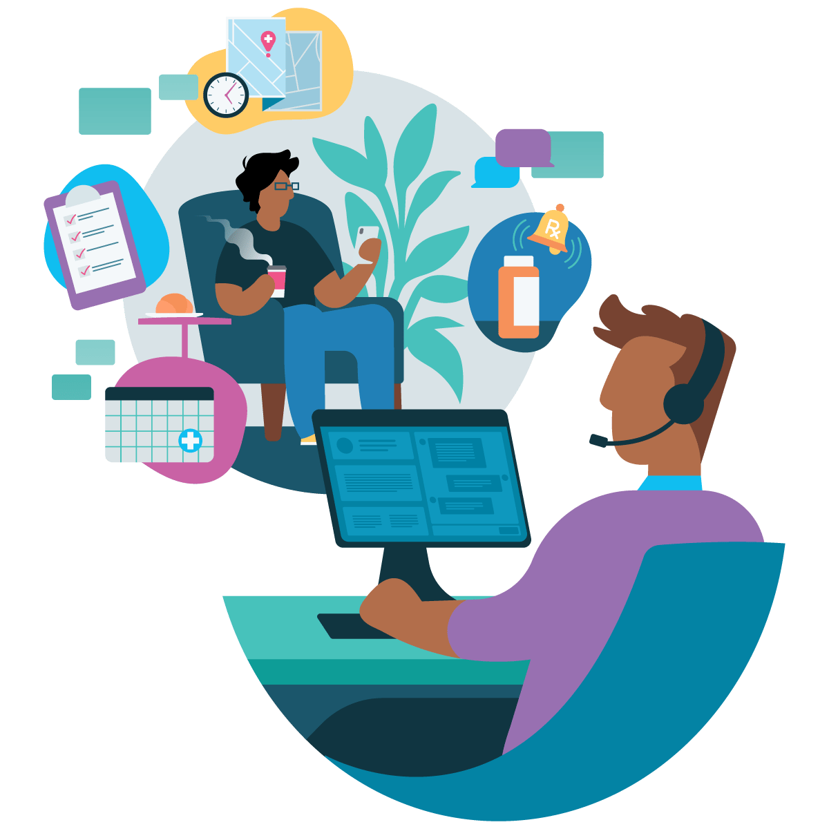 Illustration of Care Manager interacting with a Wellframe user at home. Icons for a checklist, calendar, and medication reminders surround him.