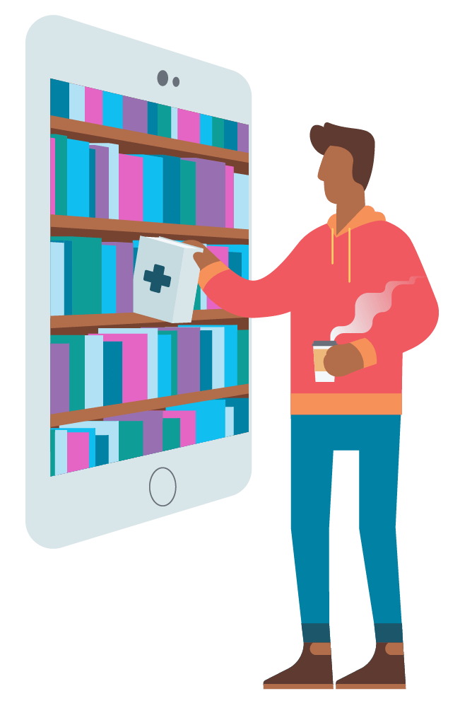 Illustration of a man holding a coffee cup and pulling a book off a crowded bookshelf on the screen of an enlarged smartphone.