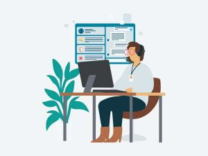 case-study-thumbnail illustration of a white man sitting at a computer, participating in a two-way text conversation