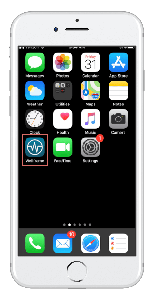 iPhone showing Wellframe mobile app on homescreen