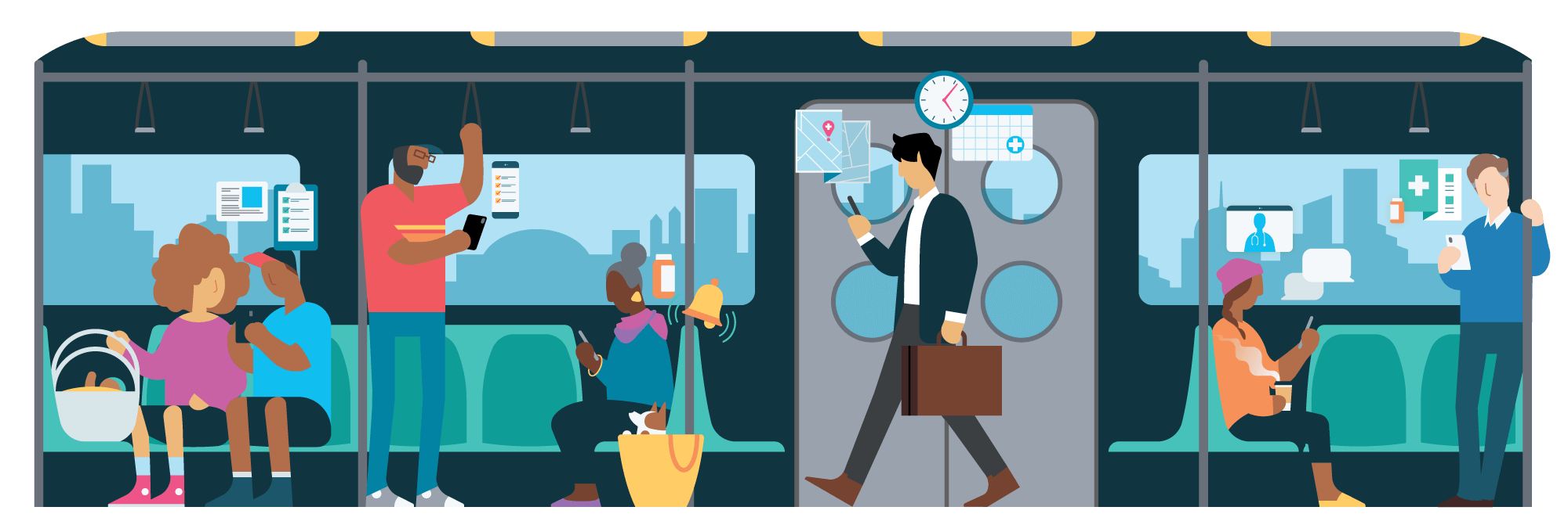 Member Advocacy image: 3 individuals and a couple on the train use their smartphones to access Wellframe