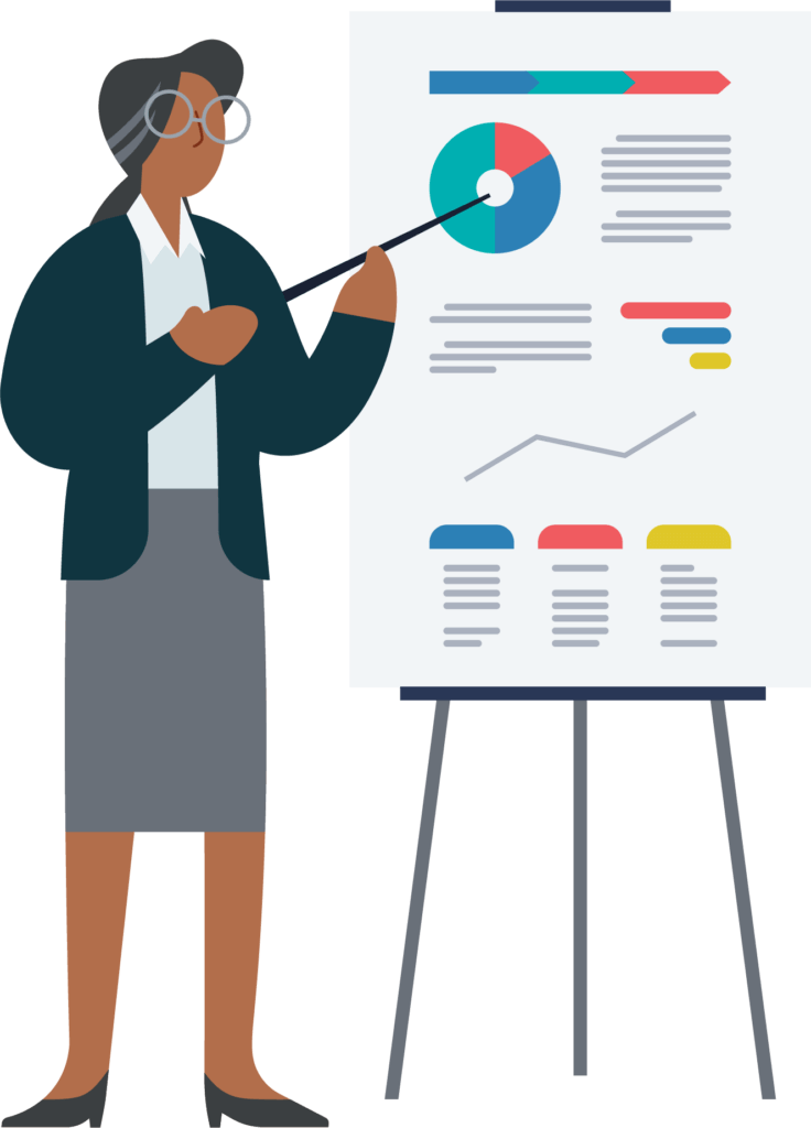 Woman explaining member advocacy organizational shifts through charts