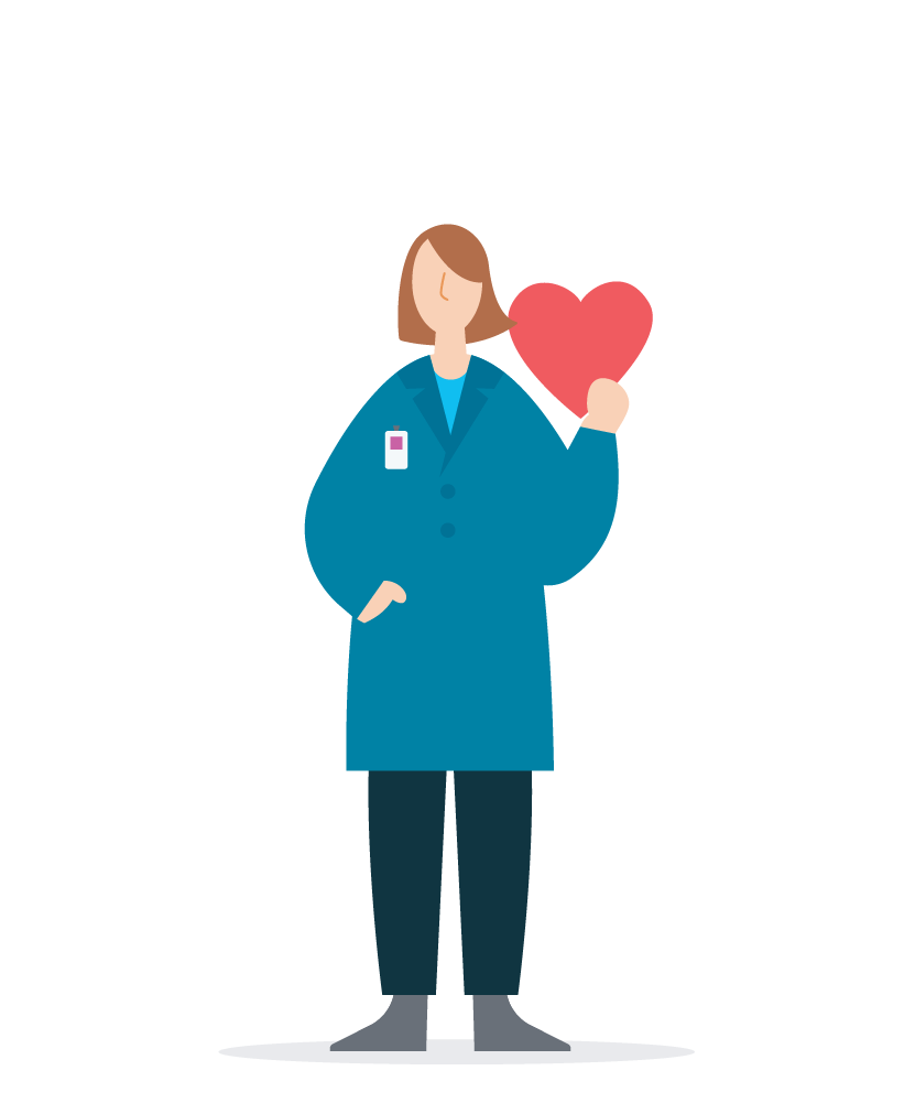 A female doctor holds up a red heart. Health plans can build a better member experience strategy by connecting members to human support.