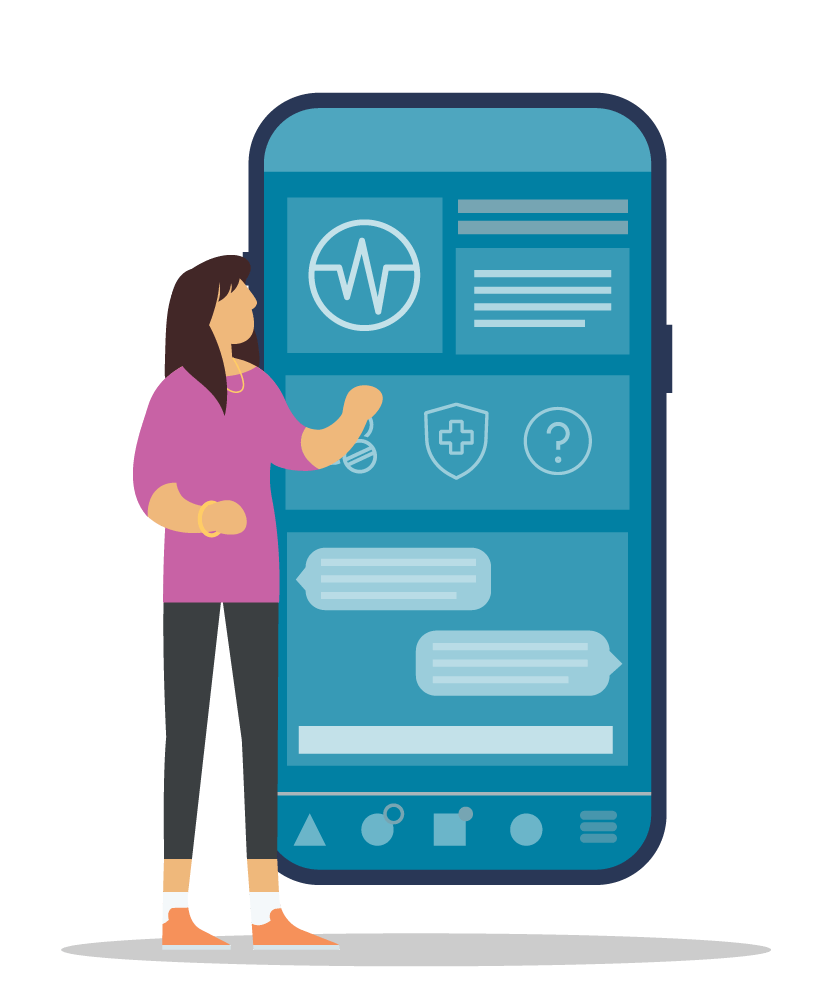 A woman looking at a giant phone indicates that health plans can build a better member experience strategy by establishing a convenient digital channel