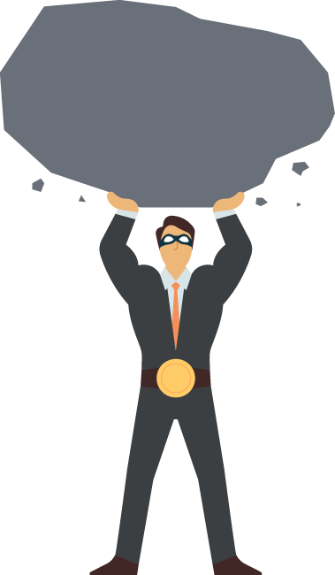 Illustration of a muscled man in a grey suit holding a large boulder over his head