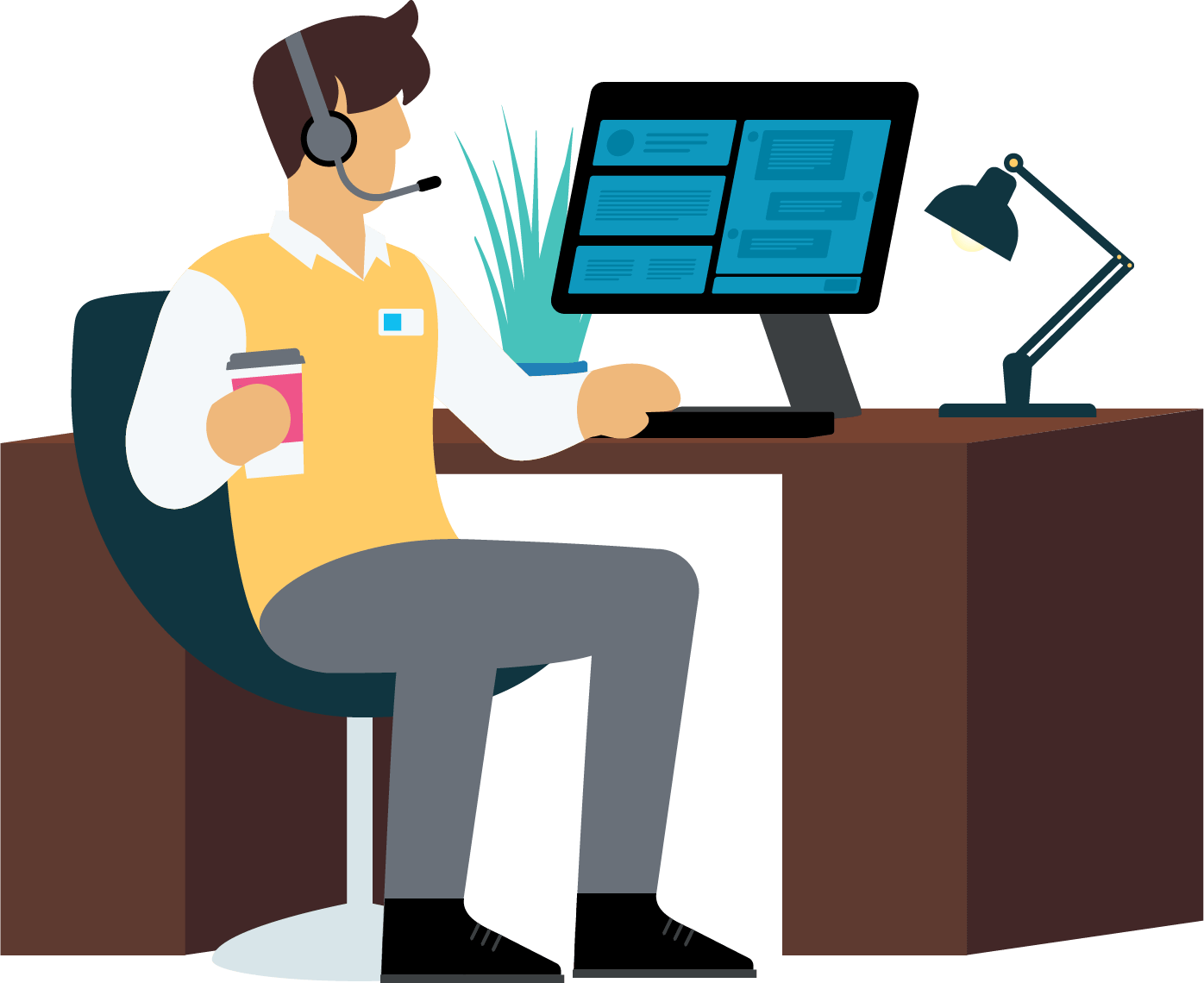 Illustration of a man sitting at a desk. He's wearing a headset, holding a takeout coffee cup, and working on a desktop computer.