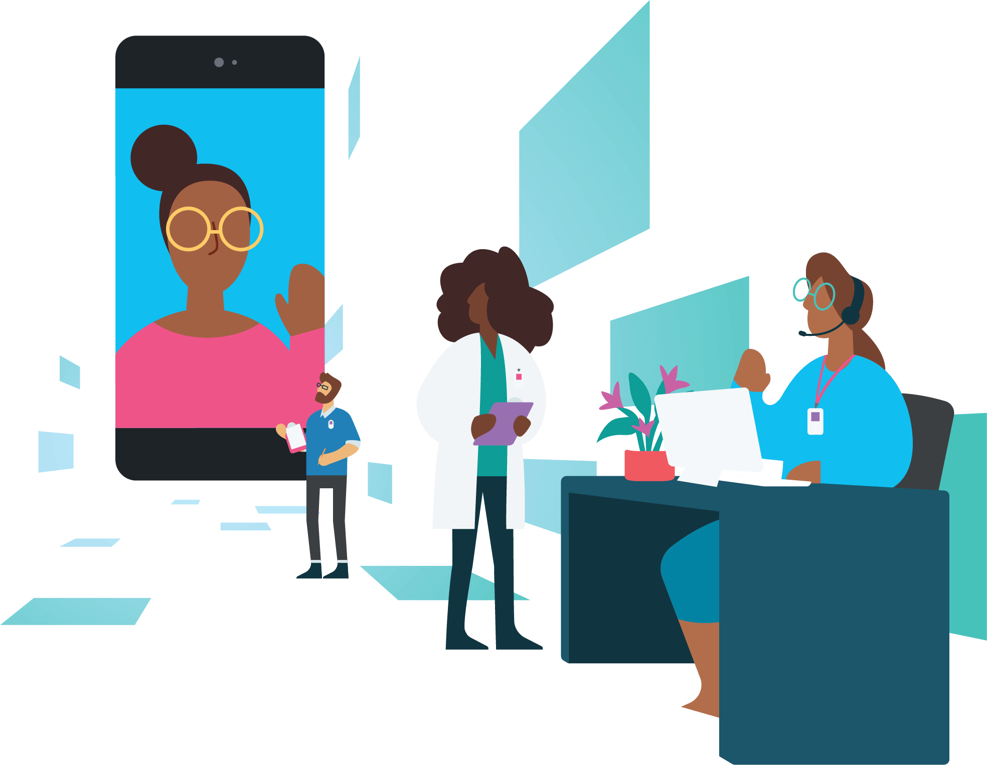 Illustration of a Black woman waving to the three people on her care team from the screen of her smartphone: a care manager, a doctor, and a healthcare advocate