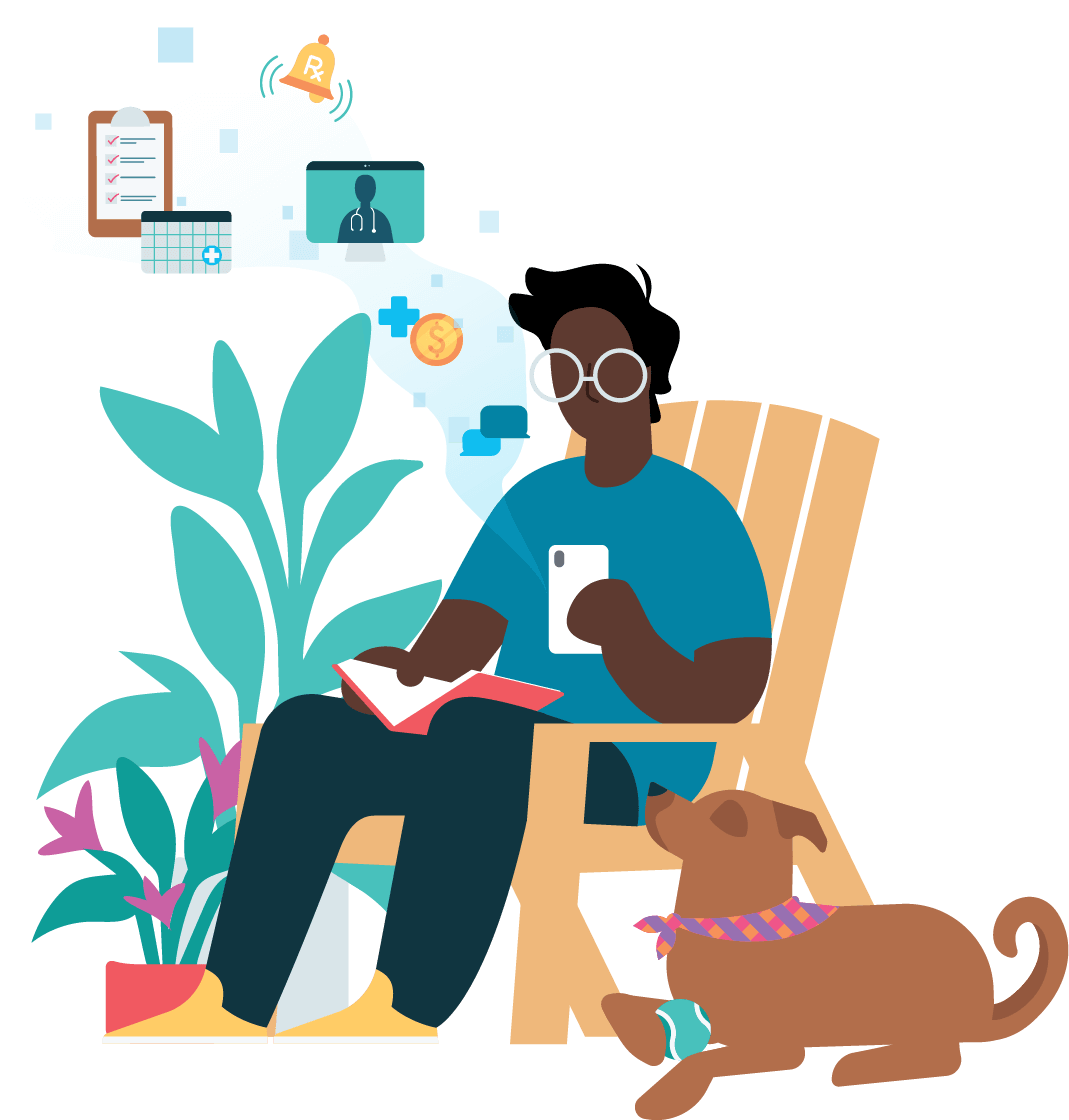 Illustration of a Black man reading in an Adirondack chair while holding an open book and a smartphone, with his dog laying beside him.