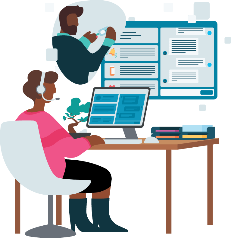 Illustration of a woman with cropped hair working on a computer at her desk. Represented above her is a man using a glucometer, and a software dashboard featuring a chat history.