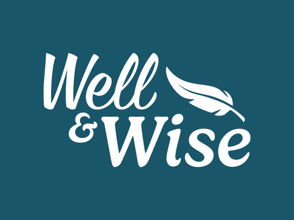 Stacked Well & Wise logo: white letters and a feather on a teal background