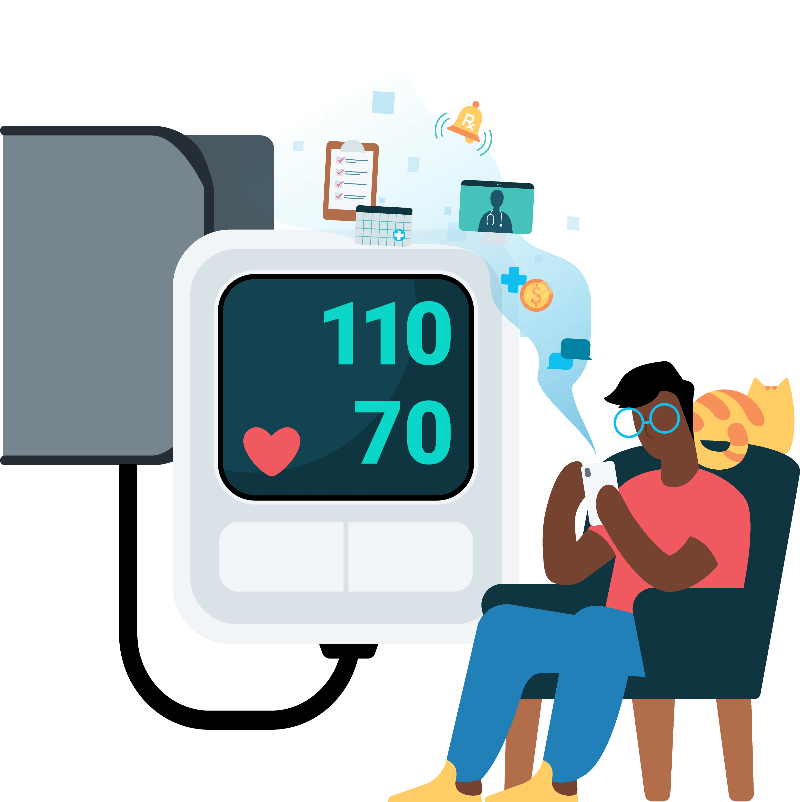 Transparent background: Illustration of a brown-skinned man sitting on a chair using his smartphone. In the background is an enlarged image of a blood pressure cuff and digital screen reading 110/70