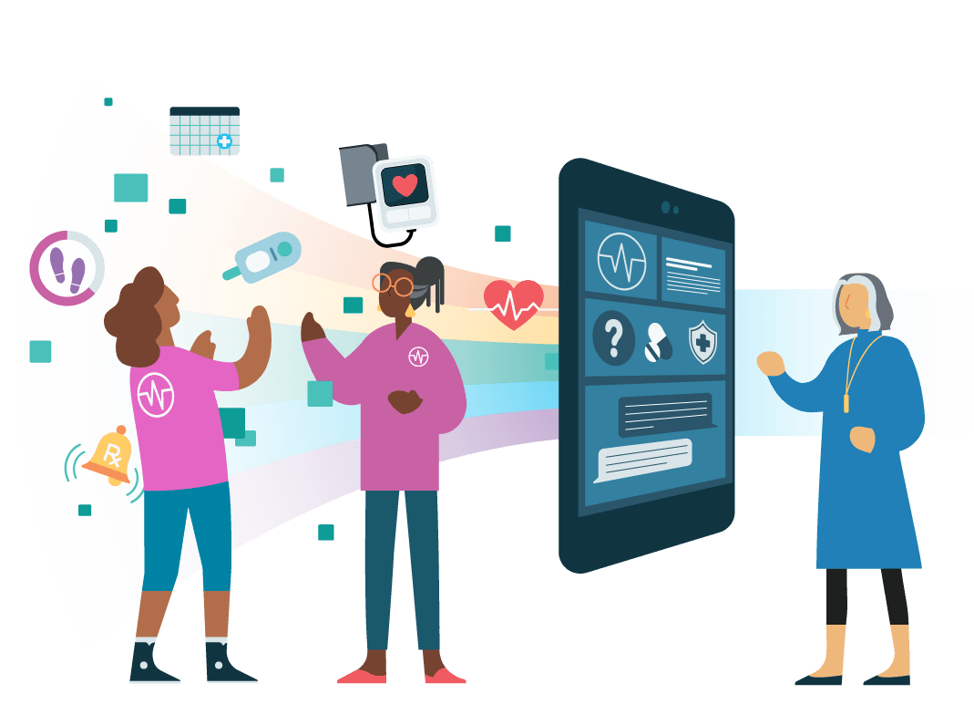 Illustration of a woman with grey hair interacting with an oversized tablet. Two clinicians high-five behind the tablet.